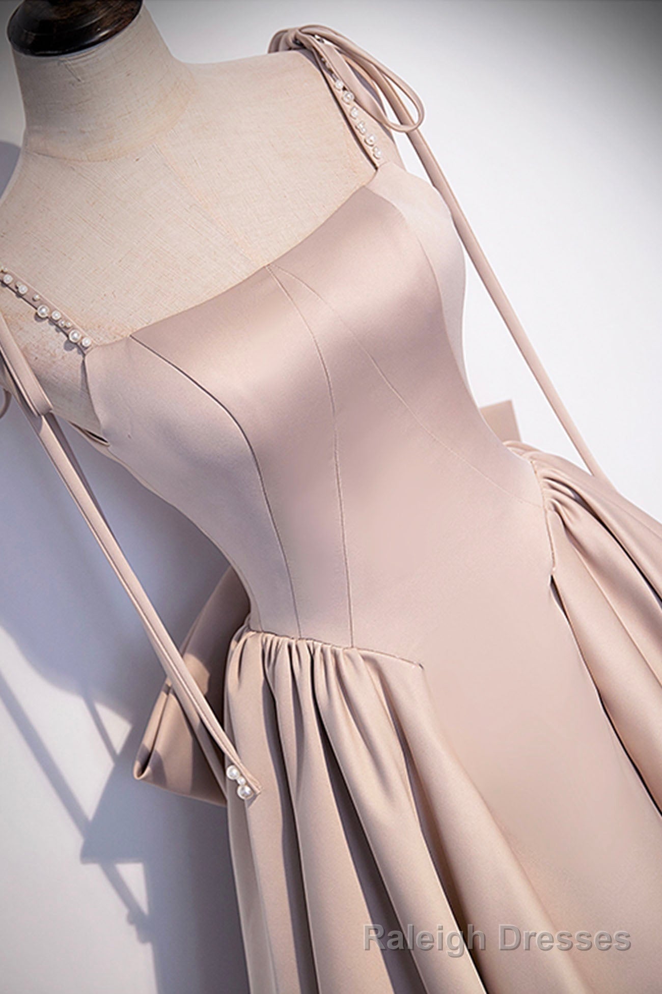 Pink Satin Long A Line Prom Dress, Cute Spaghetti Strap Prom Dress with Bow Secondary image