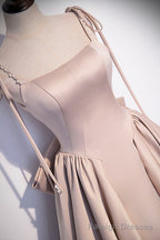 Pink Satin Long A Line Prom Dress, Cute Spaghetti Strap Prom Dress with Bow