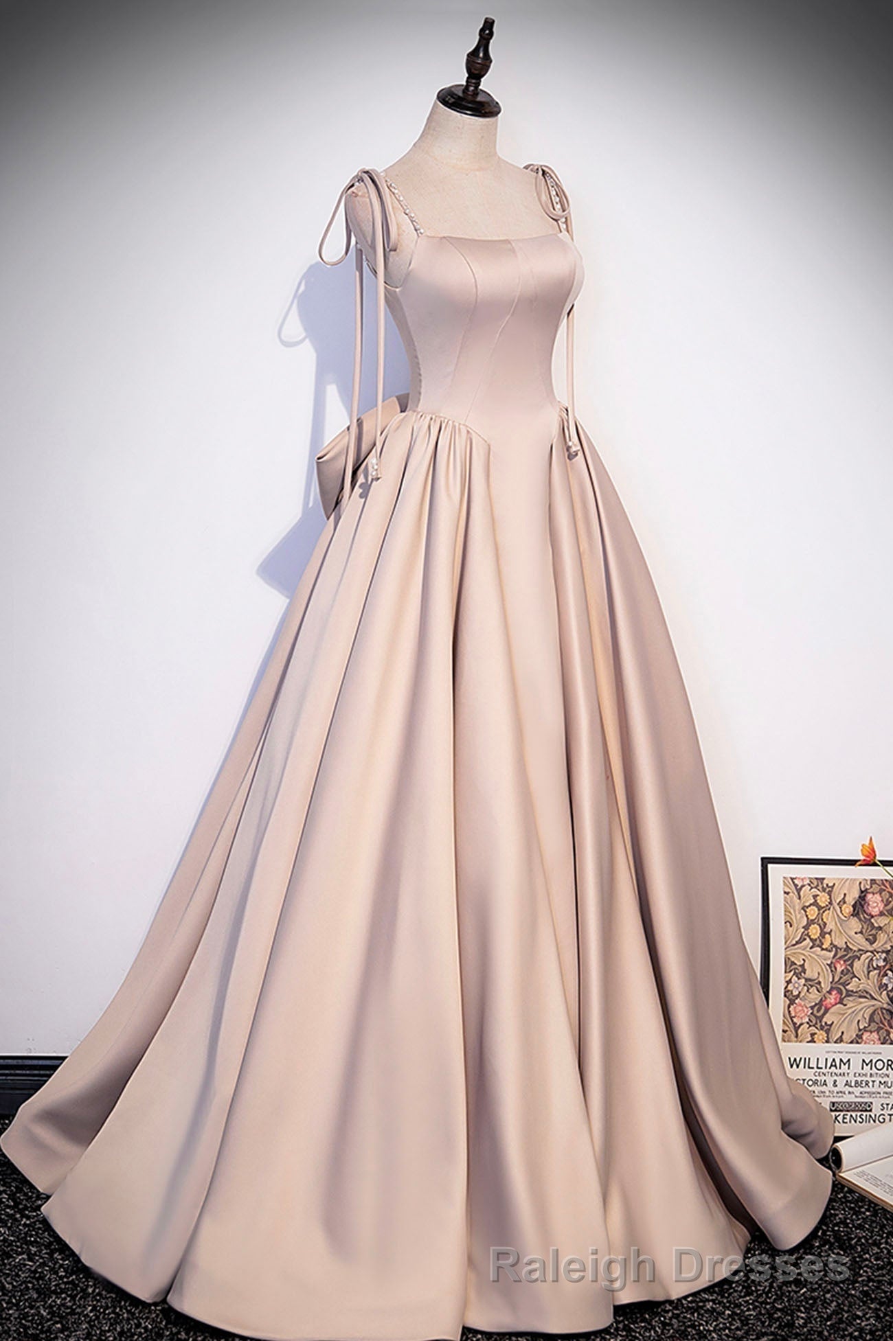 Pink Satin Long A Line Prom Dress, Cute Spaghetti Strap Prom Dress with Bow Main image