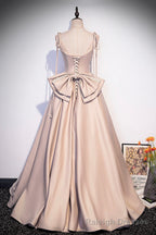 Pink Satin Long A Line Prom Dress, Cute Spaghetti Strap Prom Dress with Bow