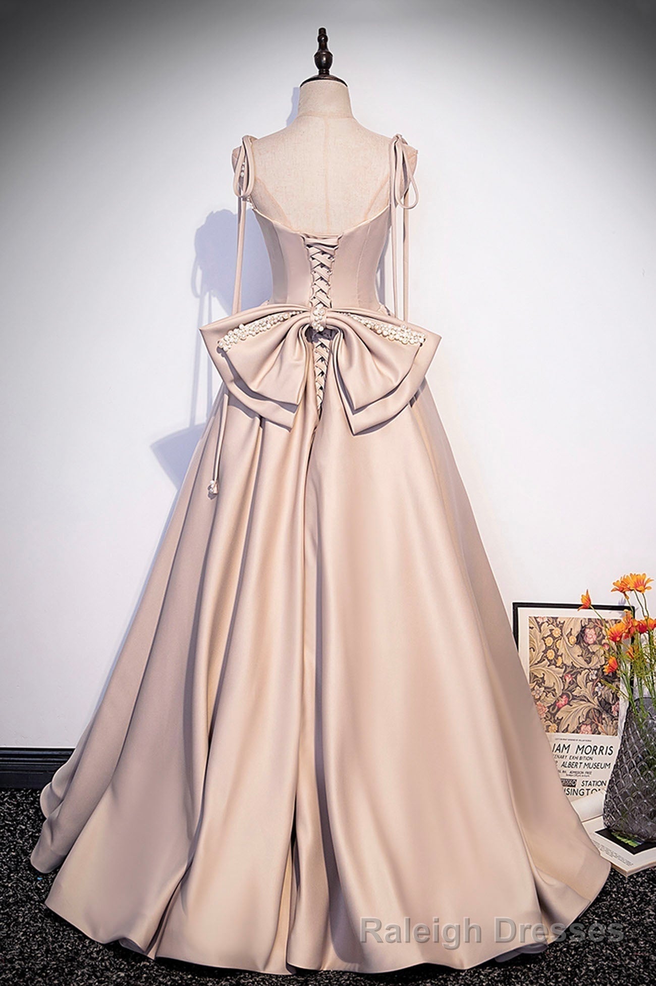Pink Satin Long A Line Prom Dress, Cute Spaghetti Strap Prom Dress with Bow