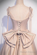 Pink Satin Long A-Line Prom Dress, Cute Spaghetti Strap Evening Dress with Bow