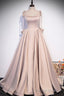 Pink Satin Long A Line Prom Dress, Cute Spaghetti Strap Prom Dress with Bow