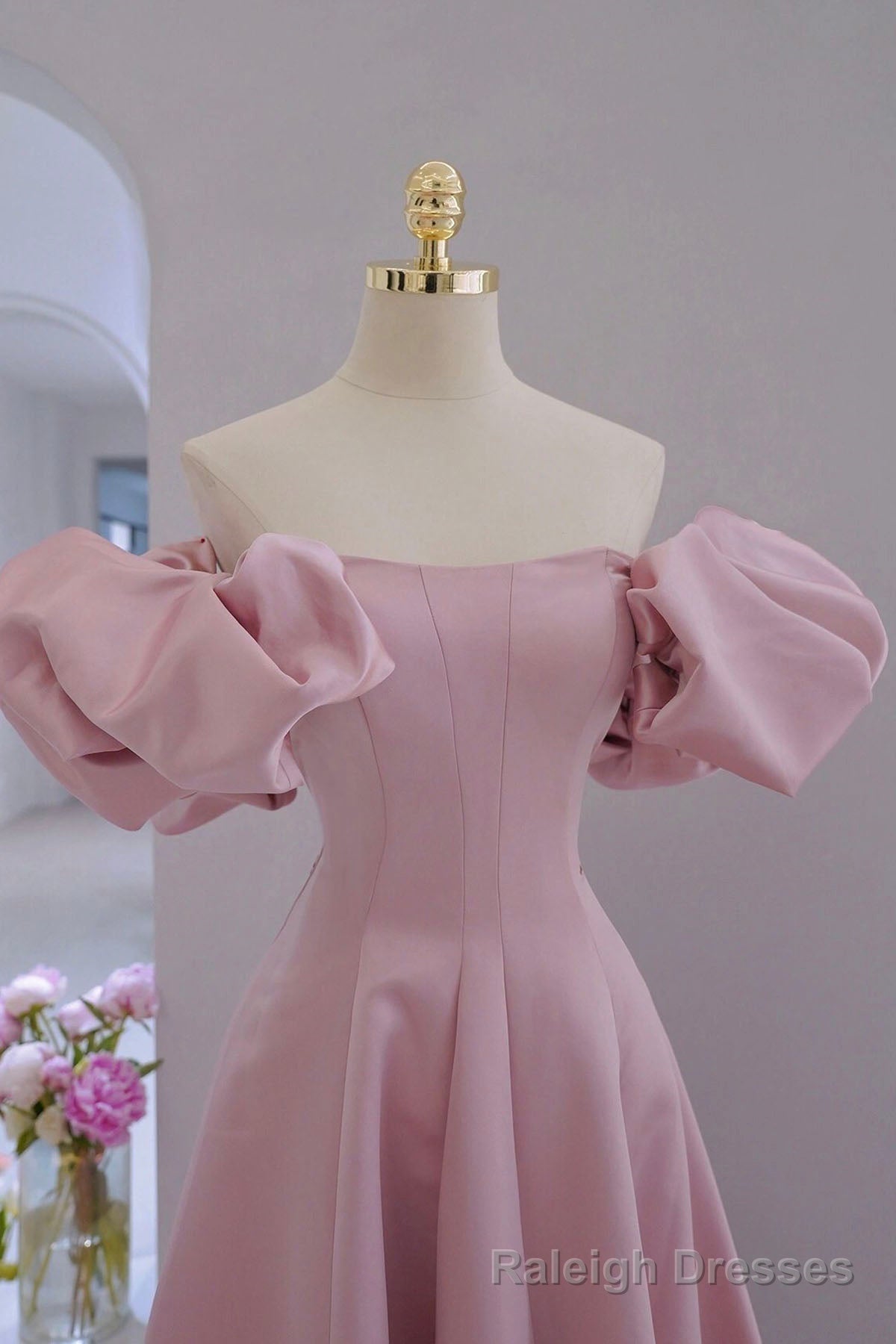 Pink Satin Long A Line Prom Dress, Pink Puff Sleeves Formal Prom Dress Secondary image