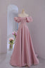 Pink Satin Long A Line Prom Dress, Pink Puff Sleeves Formal Prom Dress