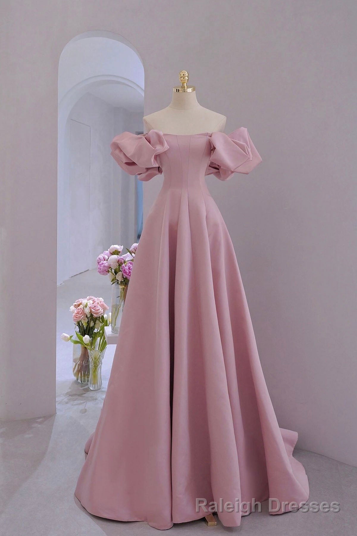 Pink Satin Long A-Line Prom Dress, Pink Puff Sleeves Formal Evening Dress Main image