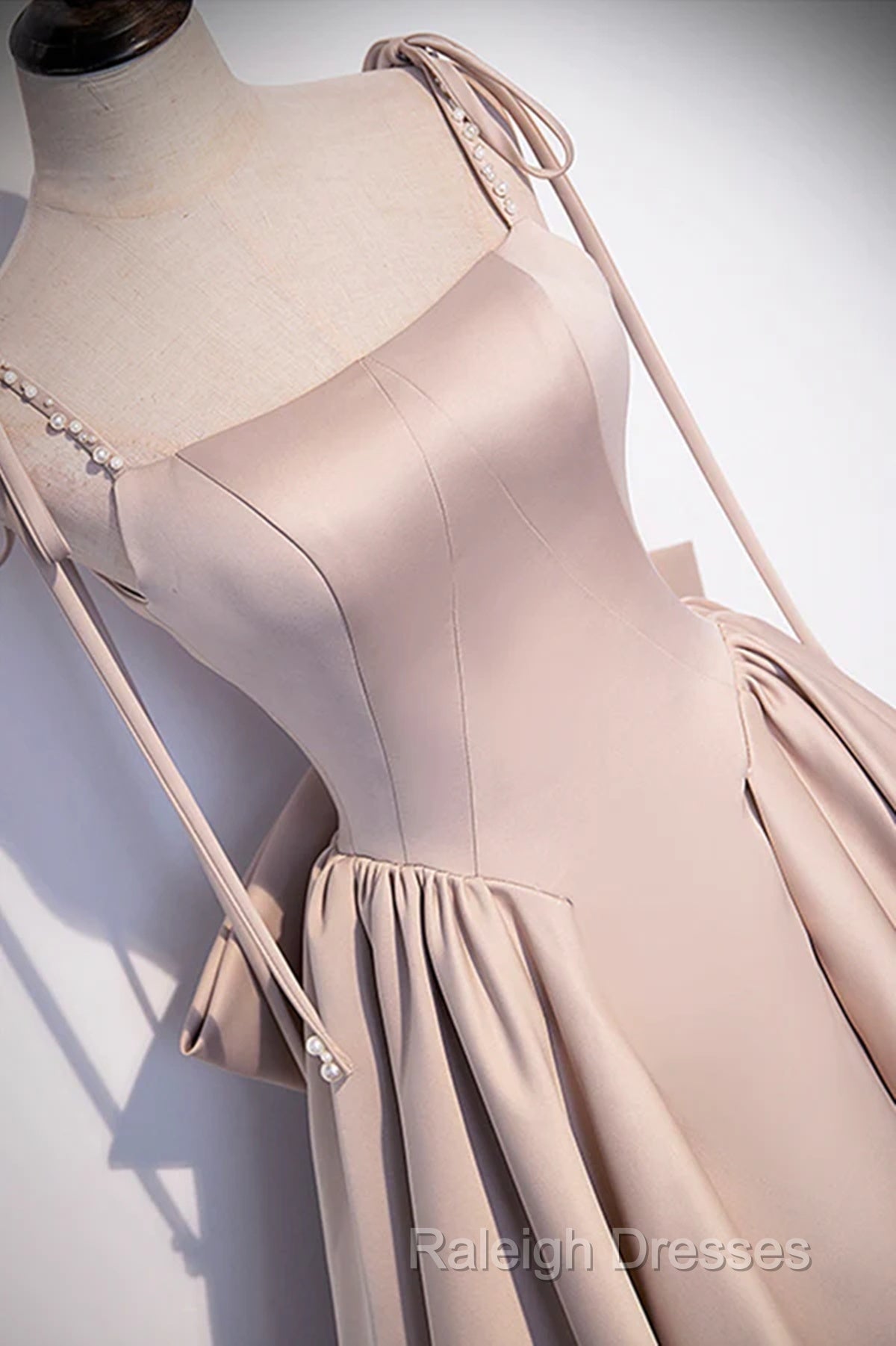 Pink Satin Long A-Line Prom Dress, Pink Spaghetti Straps Party Dress With Bow Secondary image