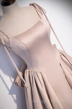 Pink Satin Long A-Line Prom Dress, Pink Spaghetti Straps Party Dress With Bow