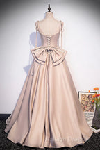 Pink Satin Long A-Line Prom Dress, Pink Spaghetti Straps Party Dress With Bow