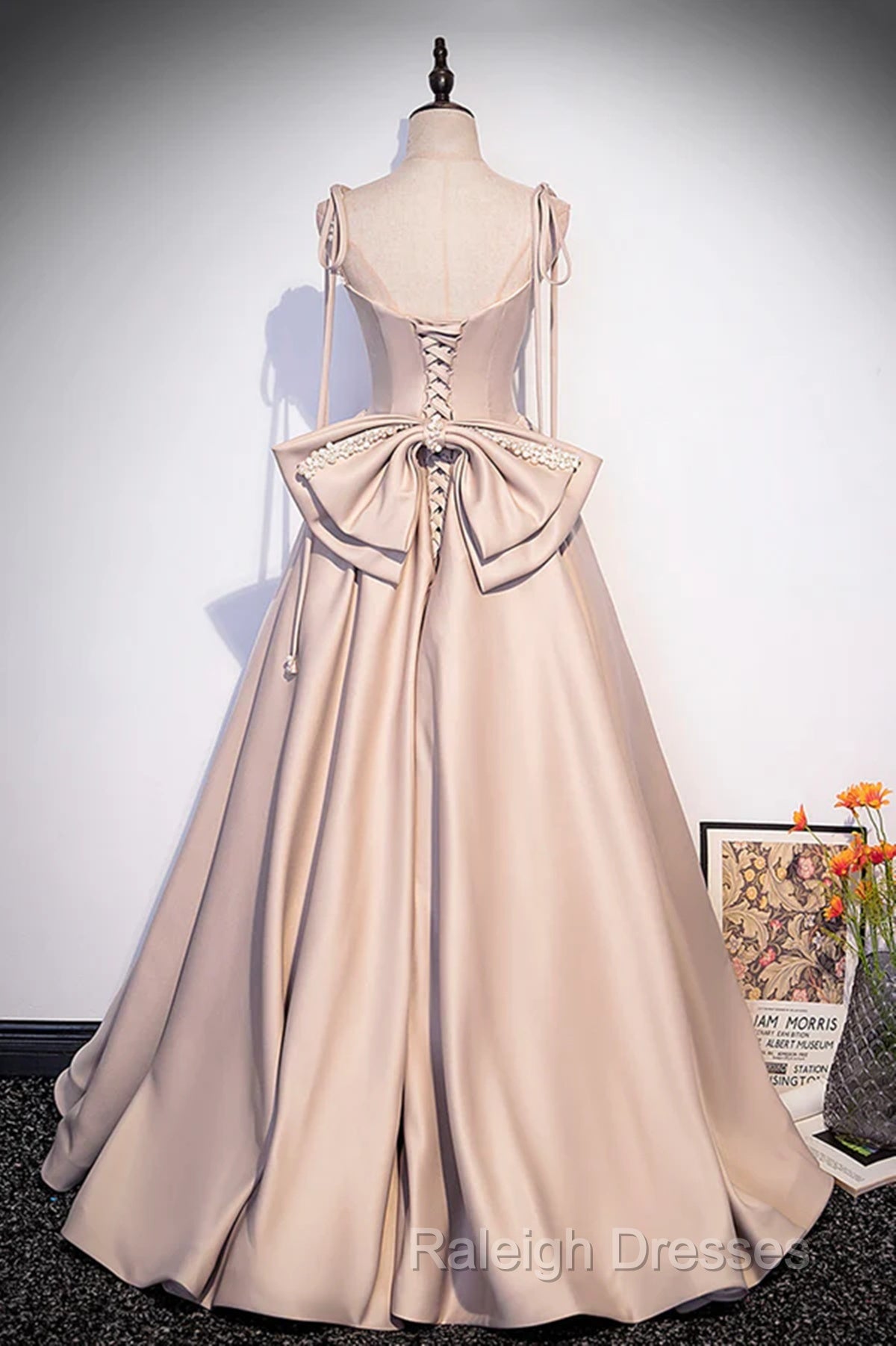 Pink Satin Long A-Line Prom Dress, Pink Spaghetti Straps Party Dress With Bow