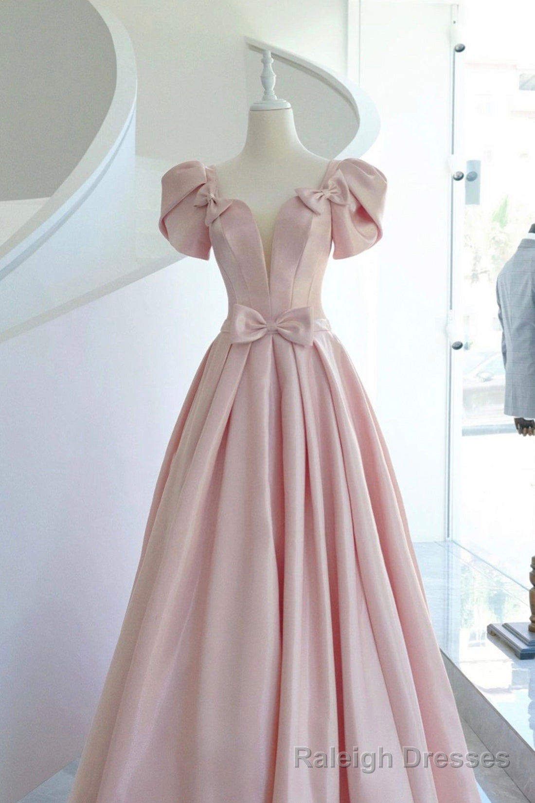 Pink Satin Long Prom Dress, A-Line Evening Dress with Bow Main image