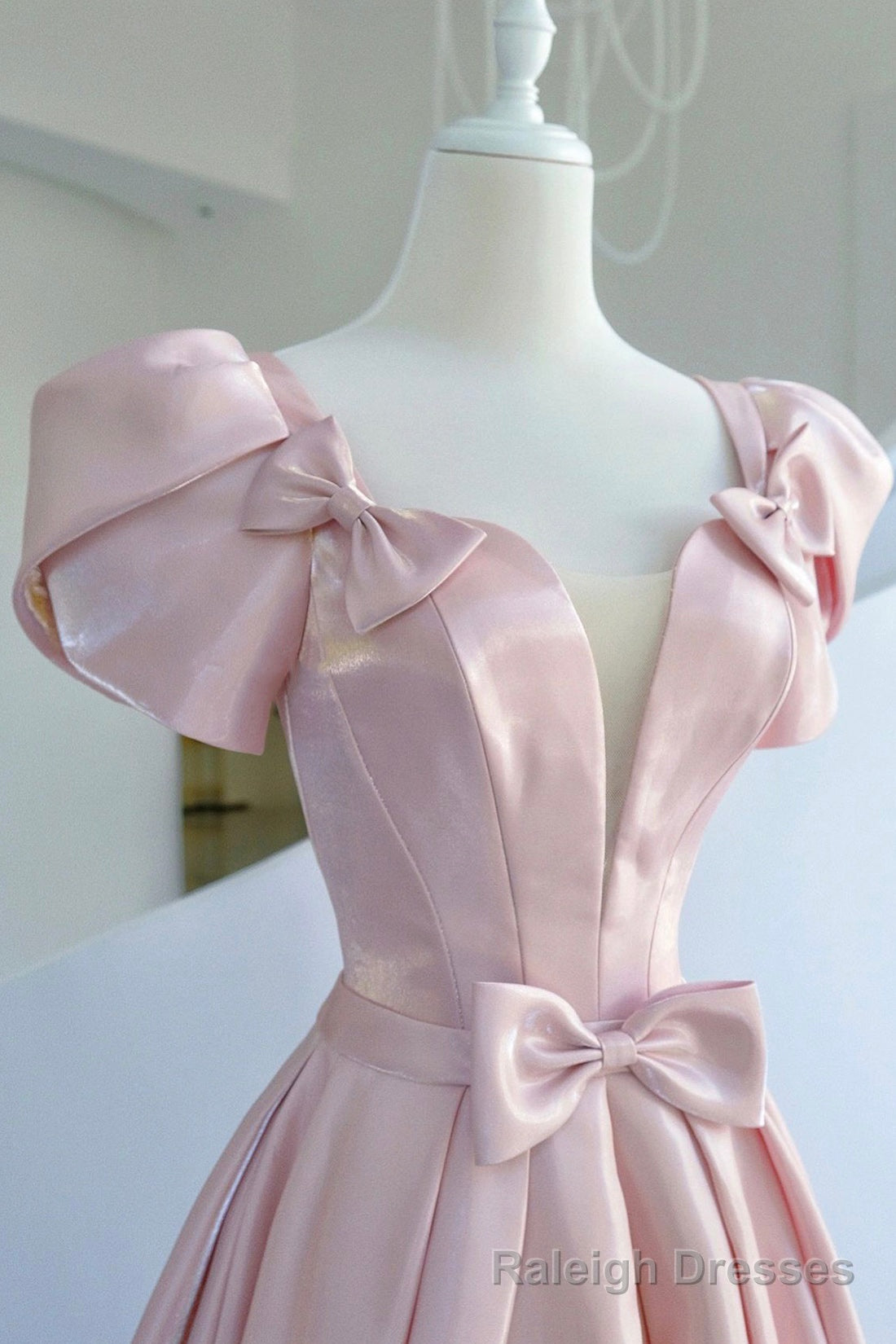 Pink Satin Long Prom Dress, A Line Prom Dress with Bow
