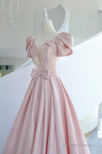 Pink Satin Long Prom Dress, Beautiful A-Line Evening Dress With Bow