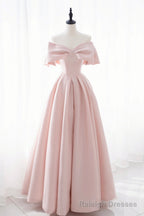 Pink Satin Long Prom Dress, Cute Off Shoulder Evening Dress