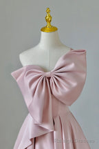 Pink Satin Long Prom Dress with Bow, One Shoulder Formal Prom Dress
