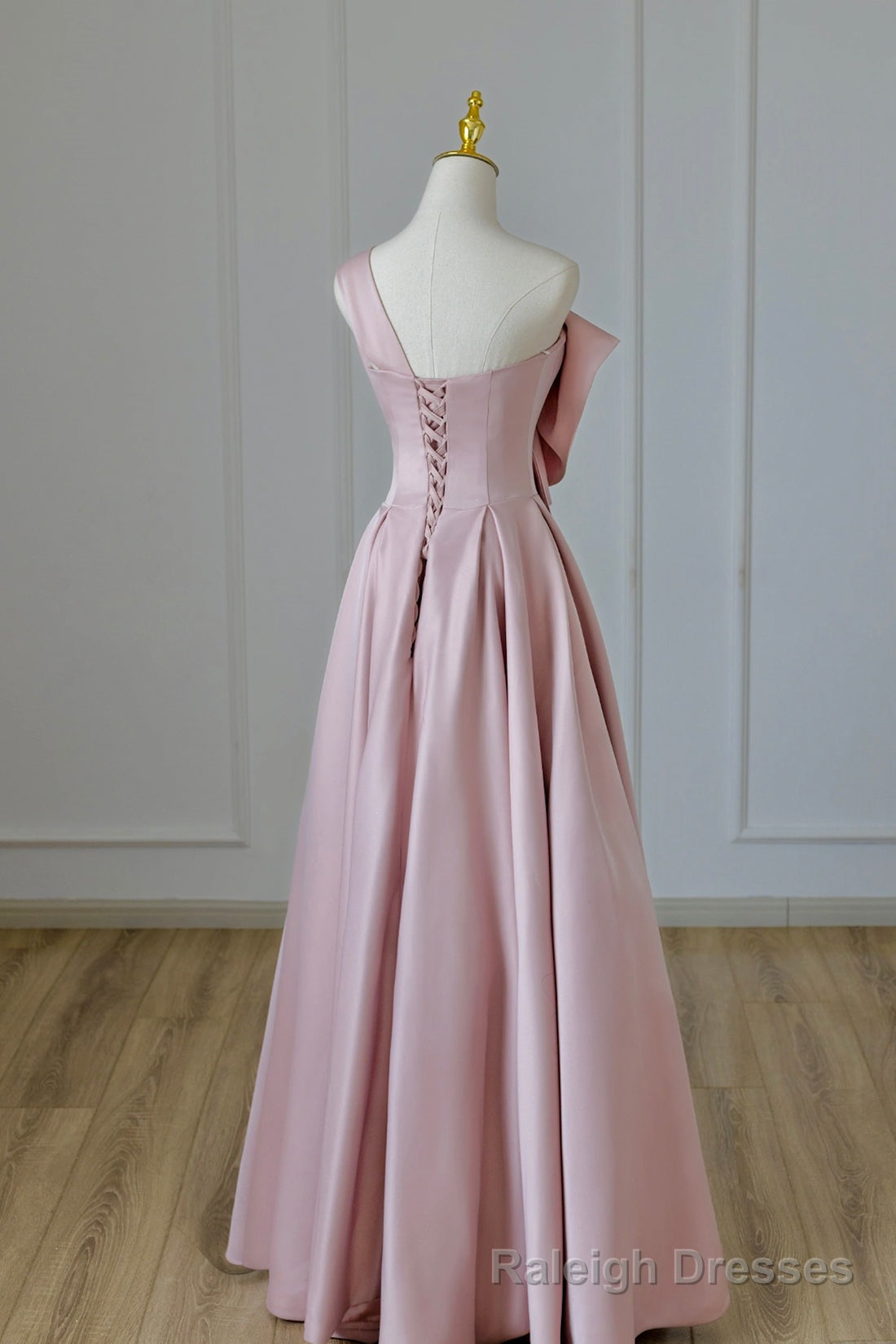 Pink Satin Long Prom Dress with Bow, One Shoulder Formal Evening Dress