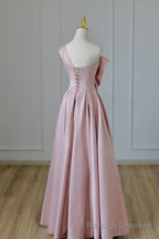 Pink Satin Long Prom Dress with Bow, One Shoulder Formal Prom Dress