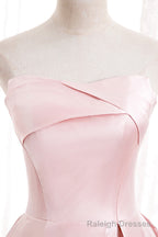 Pink Satin Long Prom Dress with Pearls, Pink Strapless Prom Dress