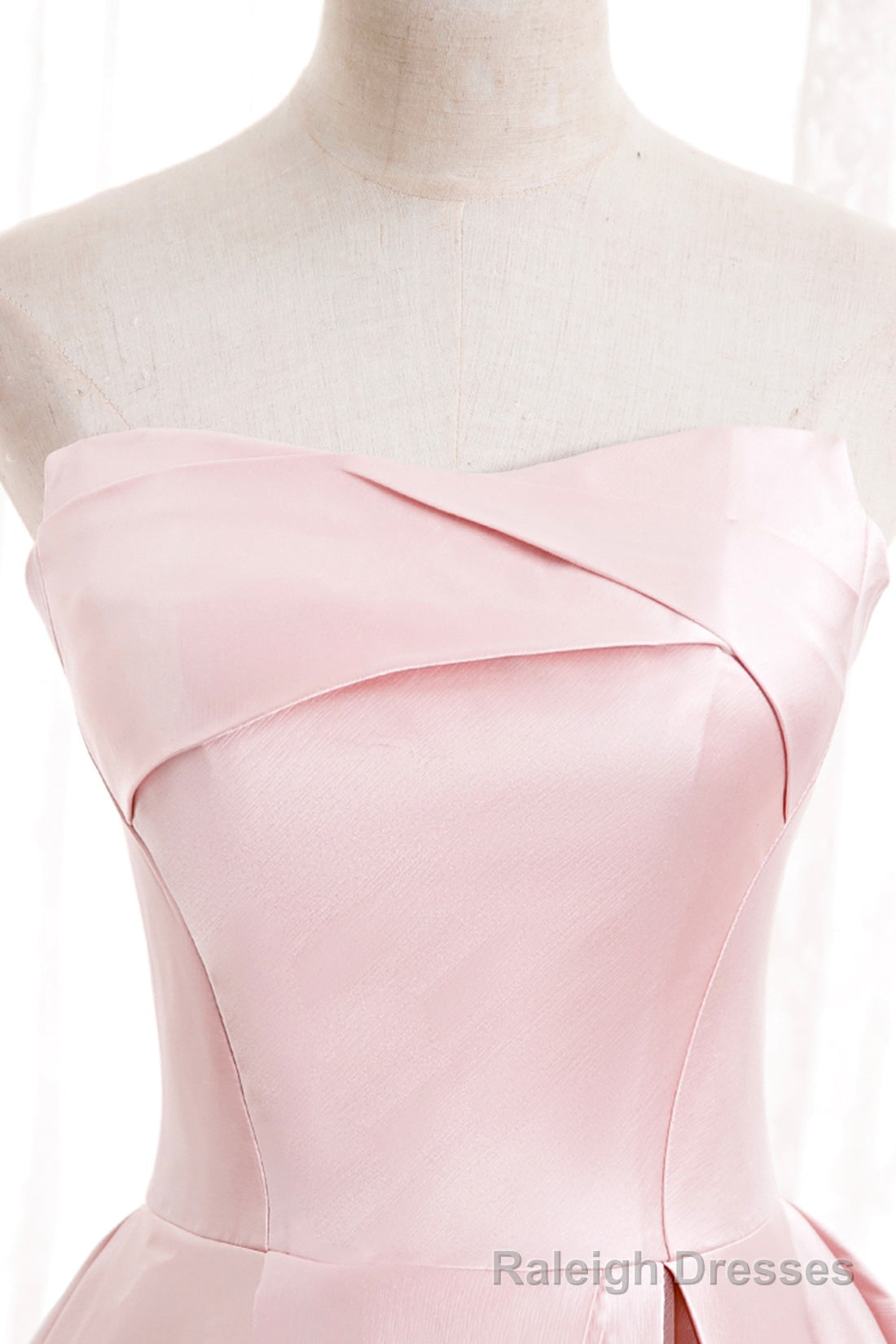 Pink Satin Long Prom Dress with Pearls, Pink Strapless Prom Dress