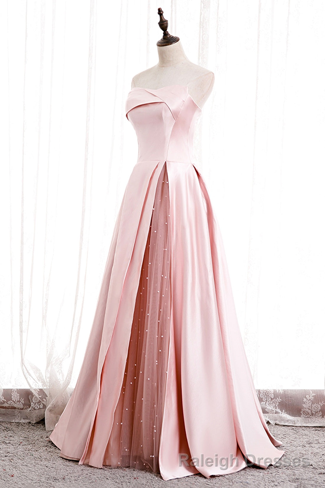 Pink Satin Long Prom Dress with Pearls, Pink Strapless Evening Dress Main image