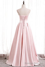 Pink Satin Long Prom Dress with Pearls, Pink Strapless Prom Dress