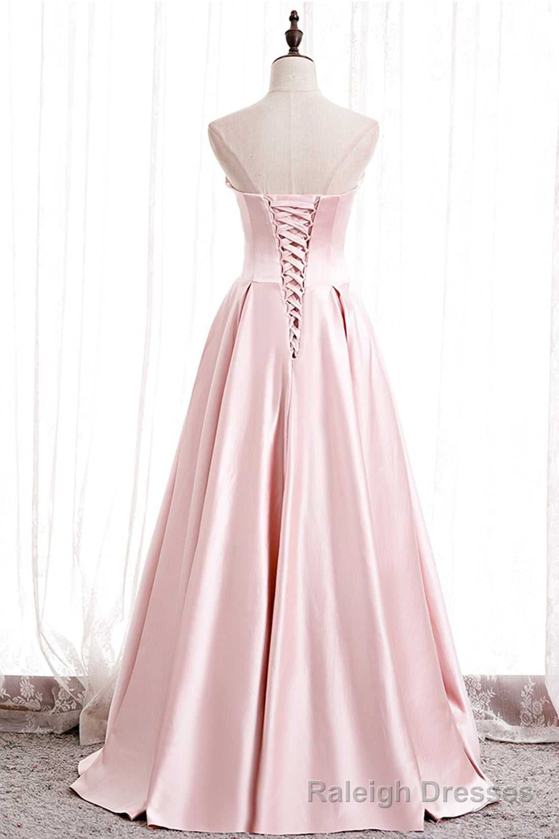 Pink Satin Long Prom Dress with Pearls, Pink Strapless Prom Dress