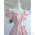 Pink Satin Long Short Sleeves Prom Dress, Pink Formal Dress Wedding Prom Dress