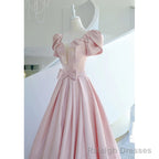 Pink Satin Long Short Sleeves Prom Dress Party Dress, Pink Formal Dress Wedding Party Dress