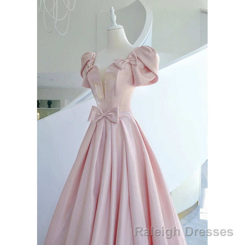 Pink Satin Long Short Sleeves Prom Dress Party Dress, Pink Formal Dress Wedding Party Dress
