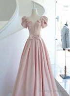 Pink Satin Long Short Sleeves Prom Dress, Pink Formal Dress Wedding Prom Dress