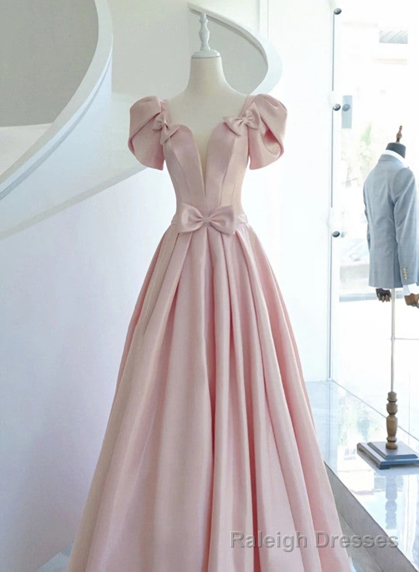 Pink Satin Long Short Sleeves Prom Dress, Pink Formal Dress Wedding Prom Dress