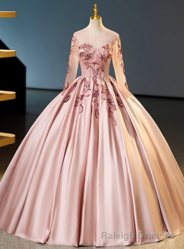 Pink Satin Long Sleeve Appliques Quinceanera Dress Main image