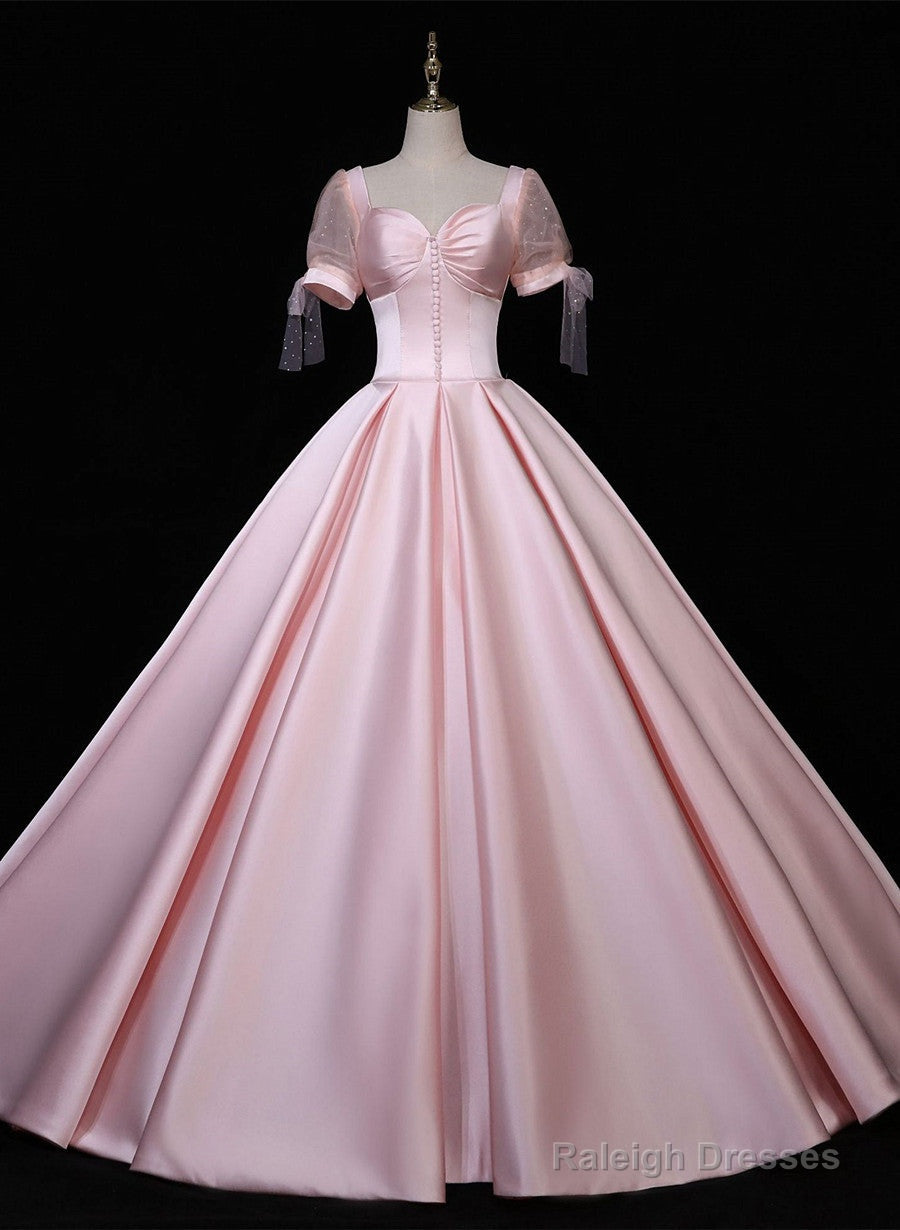 Pink Satin Long Sweetheart Formal Dress, Pink Sweet 16 Party Dress Main image