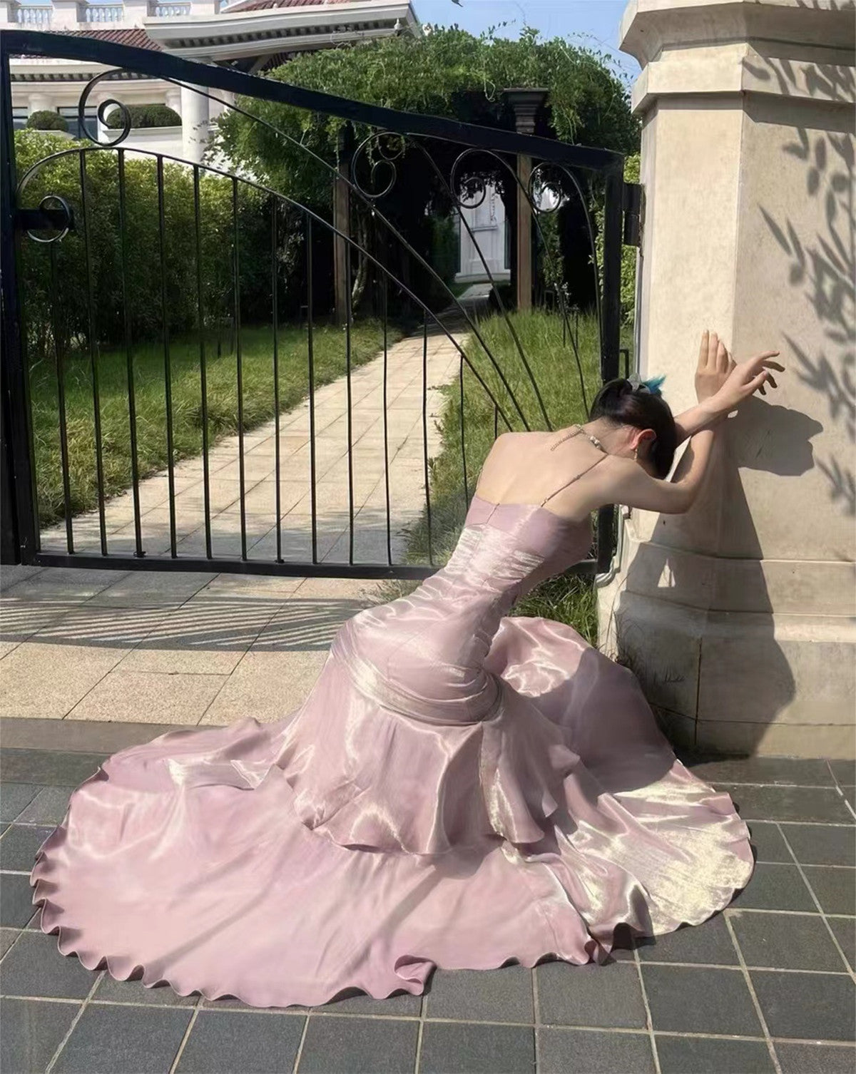 Pink Satin Mermaid Straps Long Prom Dresses Pink Floor Length Prom Dresses Secondary image