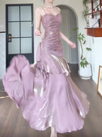 Pink Satin Mermaid Straps Long Prom Dresses Pink Floor Length Prom Dresses