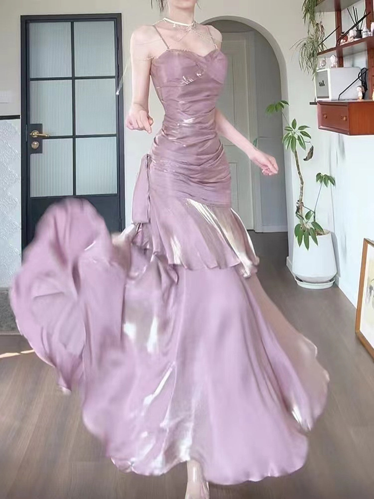 Pink Satin Mermaid Straps Long Prom Dresses Pink Floor Length Prom Dresses