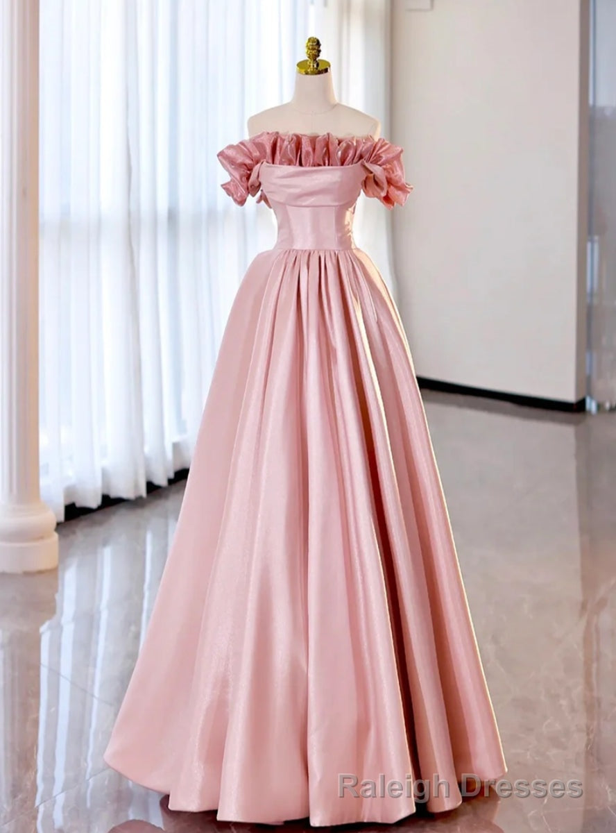 Pink Satin Off the Shoulder Pleats Prom Dress Main image
