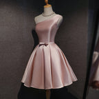 Pink Satin One Shoulder Homecoming Dresses Knee Length Prom Dresses