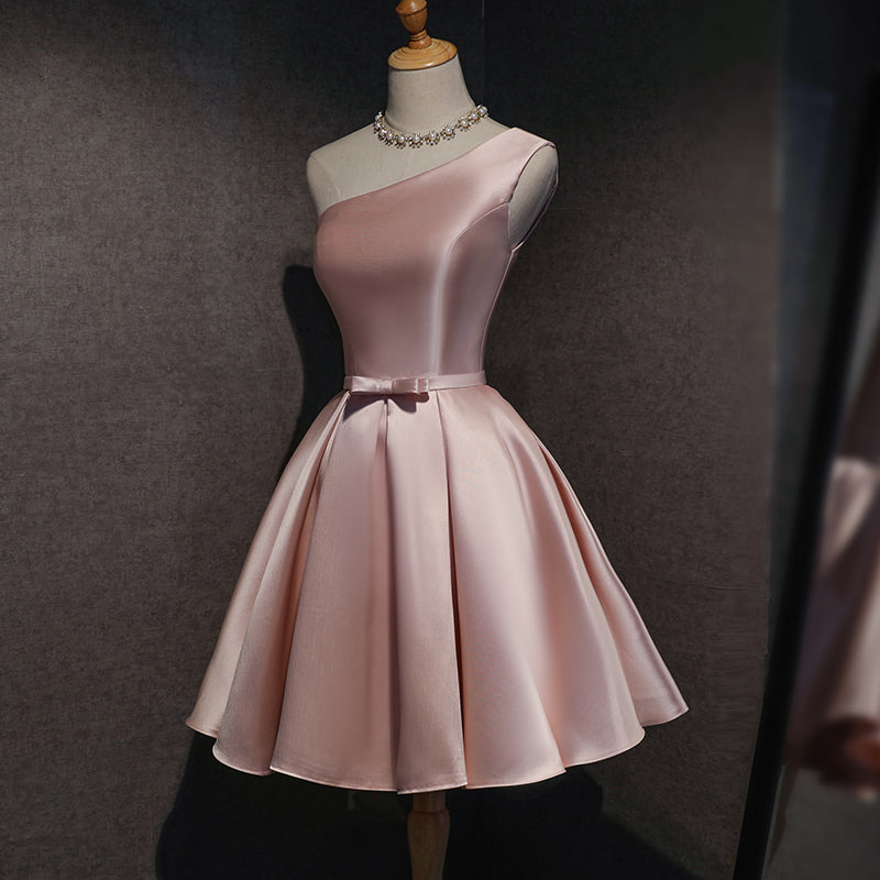 Pink Satin One Shoulder Homecoming Dresses Knee Length Prom Dresses