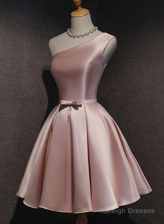 Pink Satin One Shoulder Homecoming Dress, Knee Length Prom Dress
