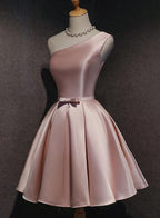 Pink Satin One Shoulder Homecoming Dresses Knee Length Prom Dresses