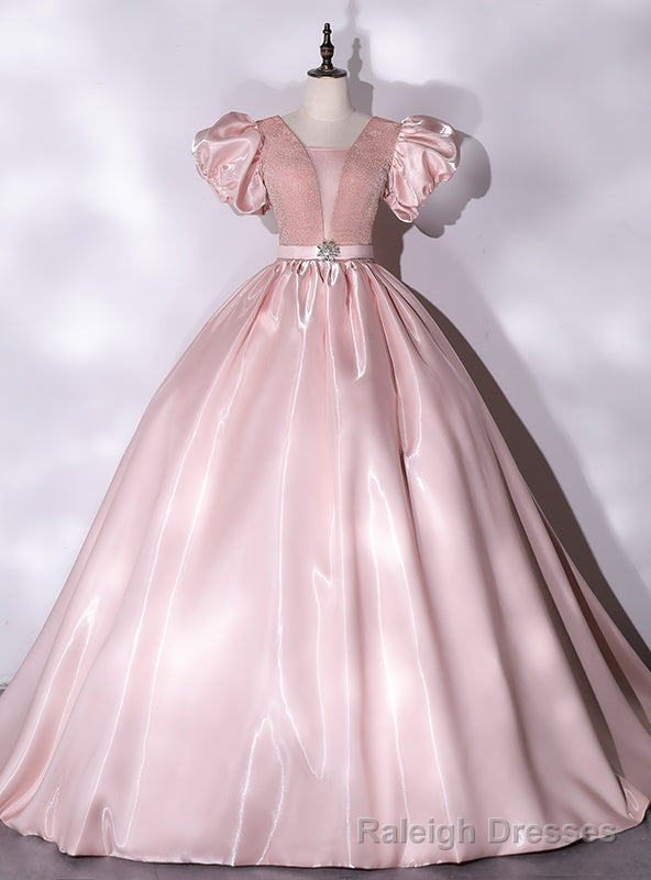 Pink Satin Puff Sleeve Quinceanera Dress Main image