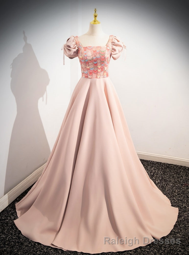 Pink Satin Sequins Puff Sleeve Prom Dress Main image