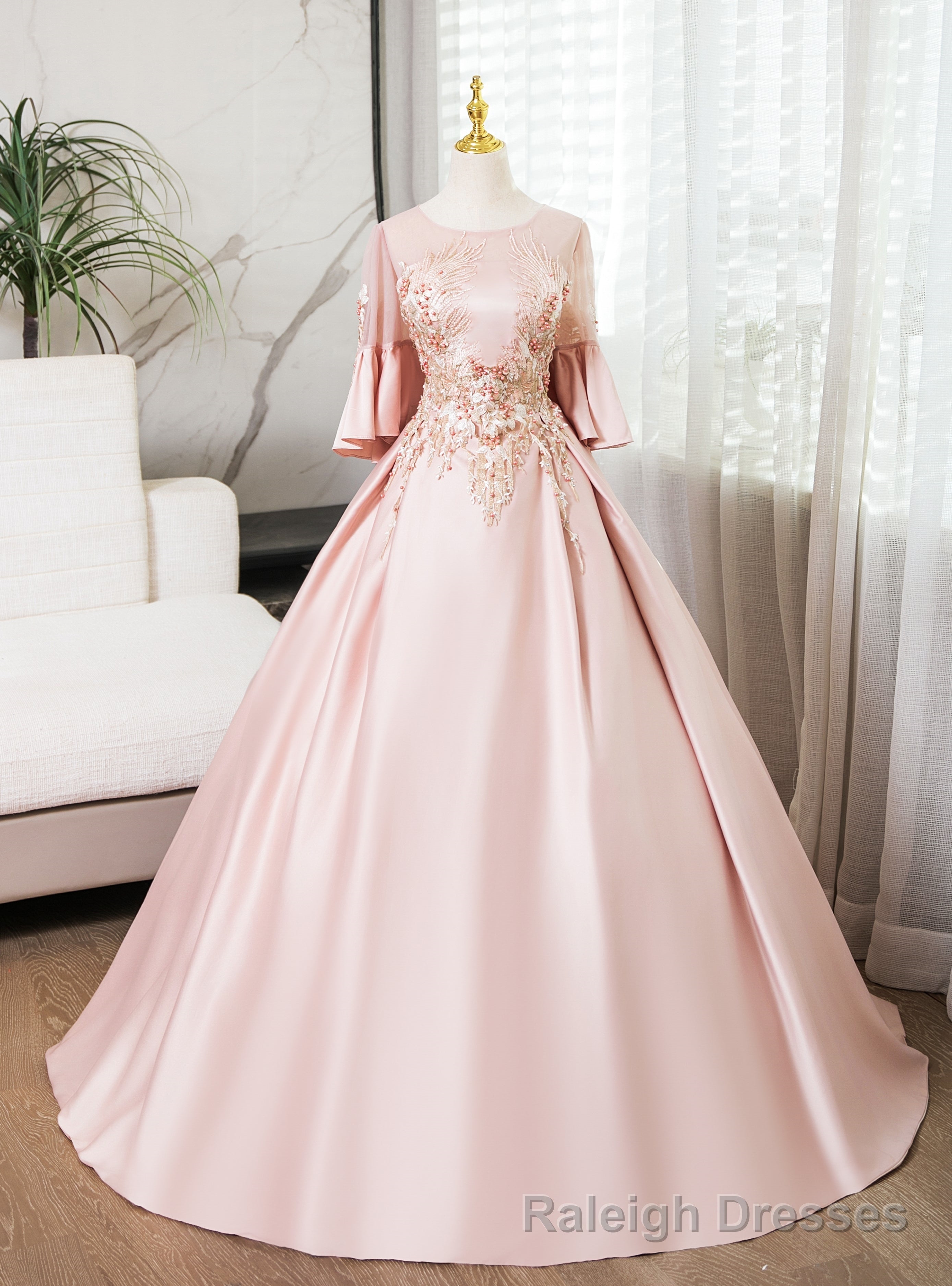 Pink Satin Short Sleeve Appliques Quinceanera Dress Main image