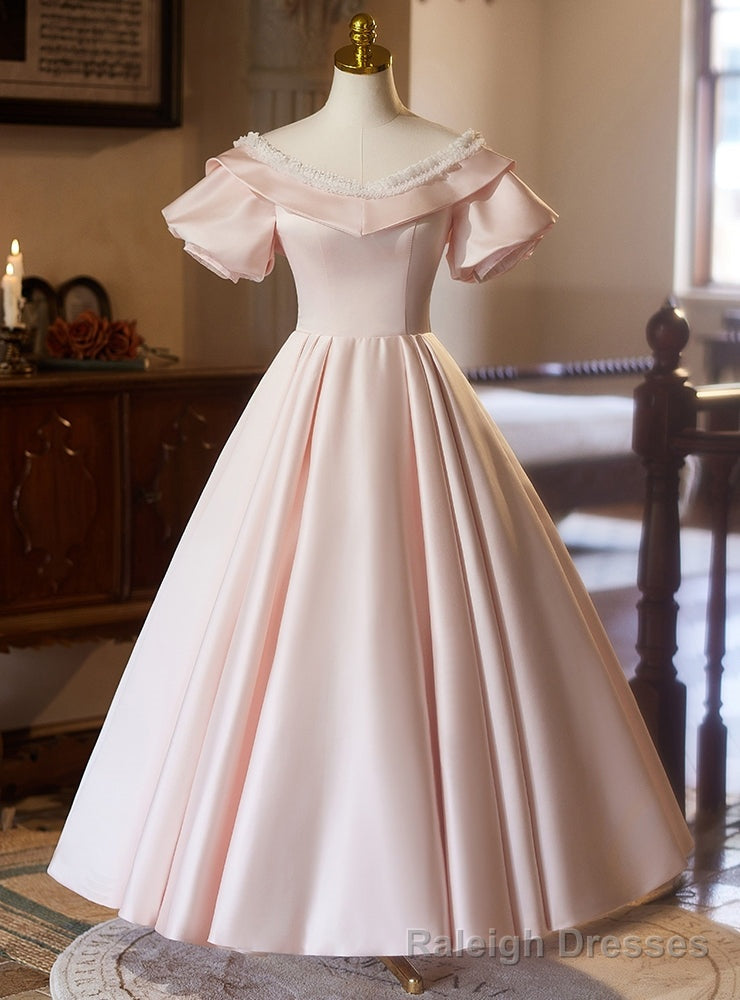 Pink Satin Short Sleeve V Neck Prom Dress Main image