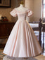 Pink Satin Short Sleeve V Neck Prom Dress