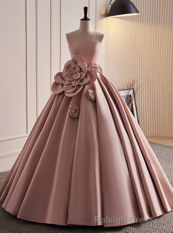 Pink Satin Strapless Flower Prom Dress Main image