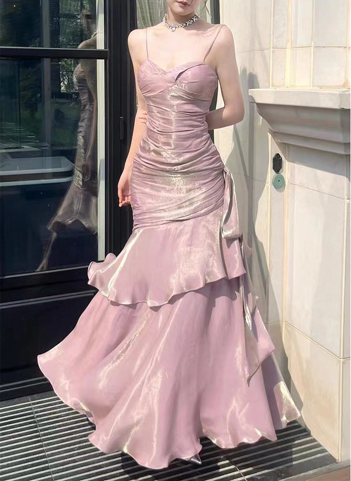 Pink Satin Straps Long Party Dress, Pink Satin Chic Prom Dress Evening Dress Main image