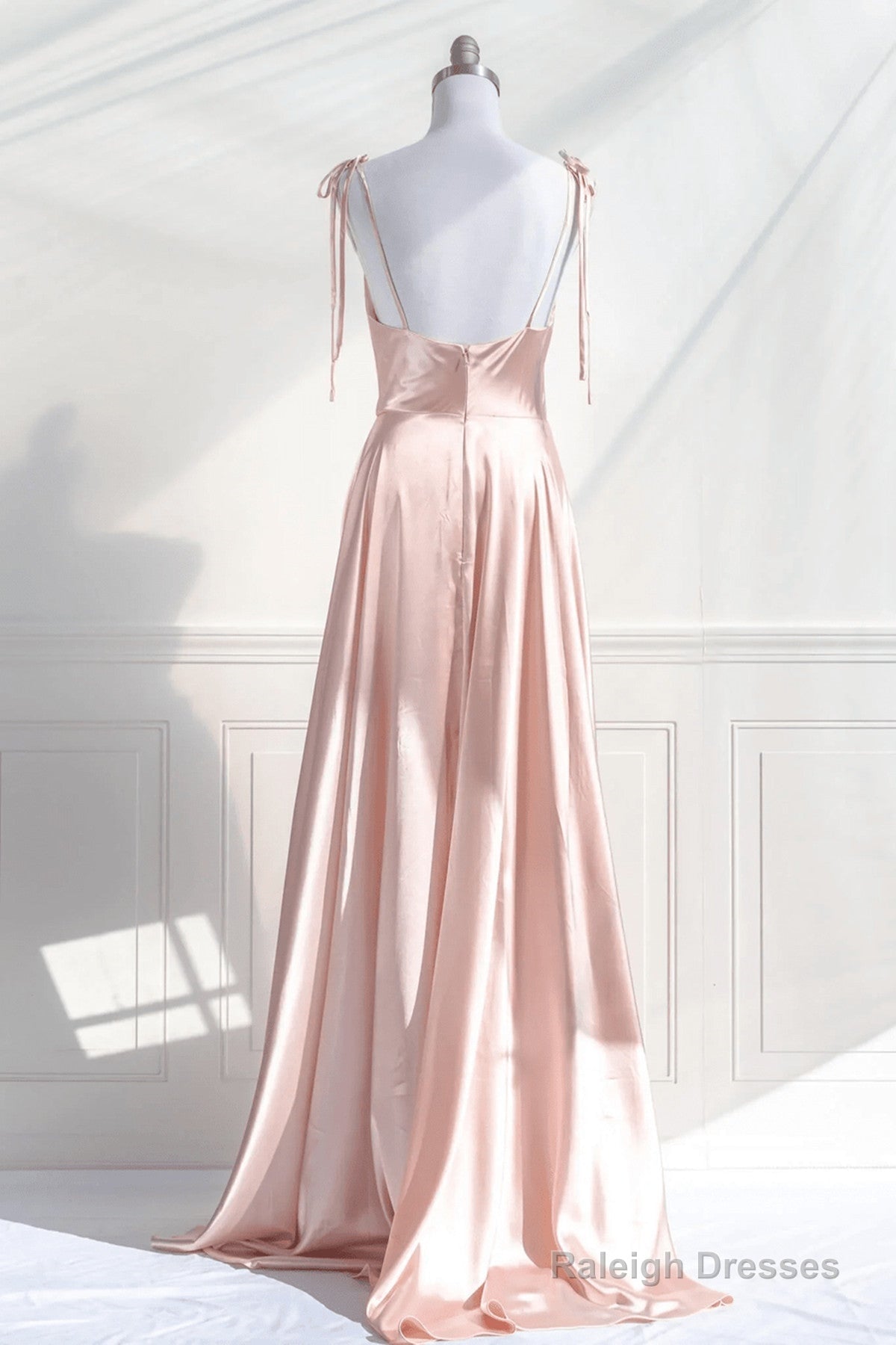 Pink Satin Straps Low Back Long Evening Dress, Pink Satin Prom Dress Secondary image