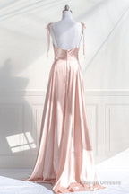 Pink Satin Straps Low Back Long Evening Dress, Pink Satin Prom Dress
